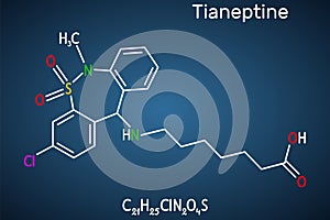 Tianeptine molecule. It is tricyclic antidepressant TCA. Structural chemical formula on the dark blue background