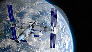 TIANGONG 3 - Chinese space station orbiting the planet Earth on black space with stars background. 3D Illustration
