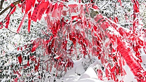 Tianmen Mountain, Zhangjiajie, Hunan, China, winter snow and smog, branches, red ribbons photo