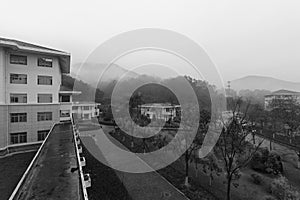 The tianzhu resorts hotel in rain black and white image