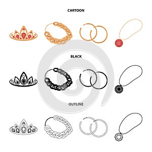 Tiara, gold chain, earrings, pendant with a stone. Jewelery and accessories set collection icons in cartoon,black