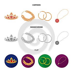 Tiara, gold chain, earrings, pendant with a stone. Jewelery and accessories set collection icons in cartoon,flat