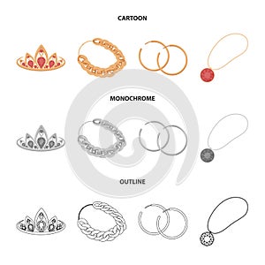 Tiara, gold chain, earrings, pendant with a stone. Jewelery and accessories set collection icons in cartoon,outline