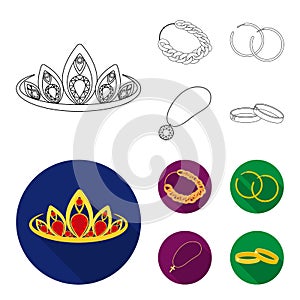 Tiara, gold chain, earrings, pendant with a stone. Jewelery and accessories set collection icons in outline,flat style