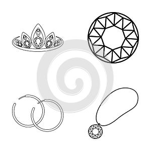 Tiara, gold chain, earrings, pendant with a stone. Jewelery and accessories set collection icons in outline style vector