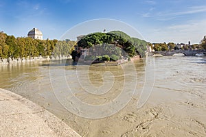 Tiber Island and a flooded Tiber, Rome, Italy