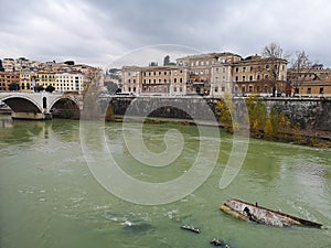 Tiber river and old houses, Rome