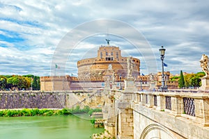 The Tiber River, Ponte Sant`Angelo Bridge, Sant`Angelo Castle. R