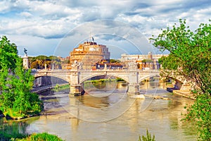 The Tiber River, Ponte Sant`Angelo Bridge, Sant`Angelo Castle. R