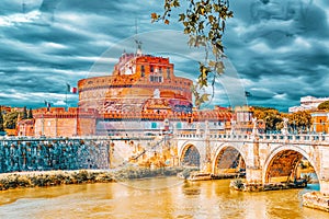 The Tiber River, Ponte Sant`Angelo Bridge, Sant`Angelo Castle. Rome, Italy