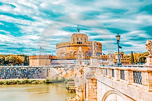 The Tiber River, Ponte Sant`Angelo Bridge, Sant`Angelo Castle. Rome, Italy