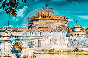 The Tiber River, Ponte Sant`Angelo Bridge, Sant`Angelo Castle. Rome, Italy