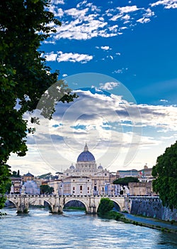 Tiber River towards St. Peter`s Basilica in Rome, Italy