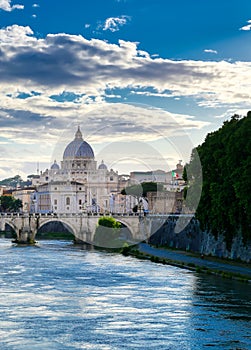 Tiber River towards St. Peter`s Basilica in Rome, Italy