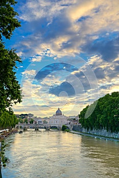 The Tiber River towards Vatican City in Rome, Italy