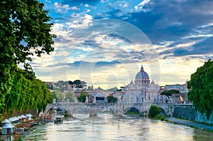 The Tiber River towards Vatican City in Rome, Italy