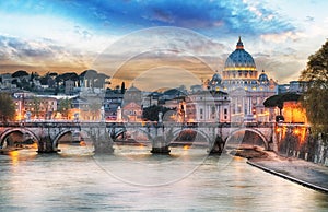 Tiber and St Peter Basilica in Vatican with rainbow, Rome