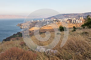 Tiberias city town and Kineret Galilee sea view on sunset.