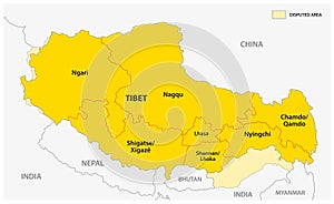 tibet administrative and political vector map with disputed border areas