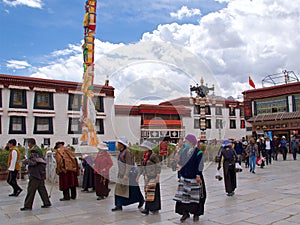 Tibet, China - May 2019: Tibetan people made their pilgrimage to the holy place in Lhasa, Tibet