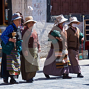 Tibet, China - May 2019: Tibetan people made their pilgrimage to the holy place in Lhasa, Tibet