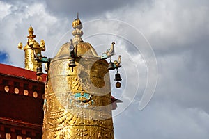 Tibet, Lhasa, the first Buddhist temple of Jokhang. Gold attributes of Buddhism