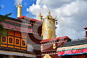 Tibet, Lhasa, the first Buddhist temple of Jokhang. Gold attributes of Buddhism