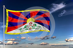 Tibet national flag waving in the wind against deep blue sky.  International relations concept