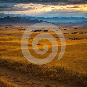 Tibet Plateau scenery. Yellow wild grass against the background of the cloudy sky. A landscape view of the dry hills.