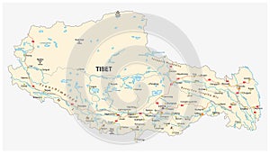 Tibet region with important cities and roads vector map.