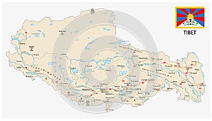 Tibet region with important cities and roads vector map and flag