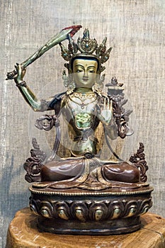 Tibet Temple bronze Gild cloisonne Sword Manjusri kwan yin Buddha golden statue