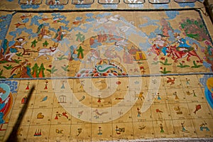 Tibetan art murals on building wall in Dayan old town.