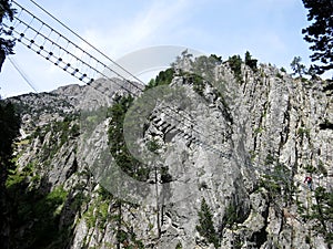 The Tibetan Bridge (Ponte Tibetano Cesana Claviere) in Claviere, ITALY. The longest Tibetan bridge in the world