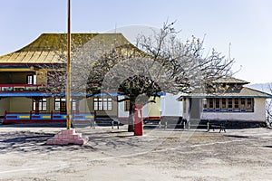 Tibetan Buddhism Temple and trees with swaddled red fabrc in Sikkim, India