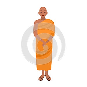 Tibetan buddhist monk dressed in traditional religious clothing. Asian monastic wearing long orange robe. Male cartoon