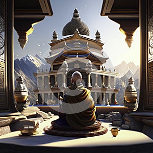 Tibetan buddhist monk in the temple of Tibetan Buddhism AI Generated
