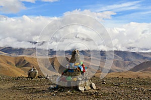 Tibetan Buddhist prayer flags on a stupa