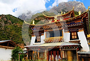 Tibetan Buddhist temple in Zagana , A Tibetan village surrounded by mountains