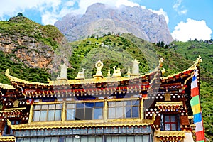 Tibetan Buddhist temple in Zagana , A Tibetan village surrounded by mountains