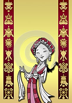 Tibetan girl with Khata and Auspicious Symbols,Cartoon photo