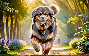 A lively and adorable Tibetan Mastiff dog is happily running in the garden!