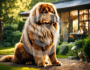 Tibetan mastiff dog in country garden