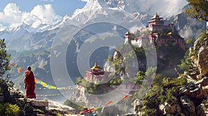 Tibetan monasteries nestled amidst majestic mountain landscapes with prayer flags fluttering in the wind and monks engaged in