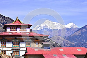 Tibetan monastery at Junbesi Nepal, Himalayas mountain background