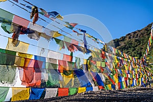 Tibetan Prayer Flags Fluttering in Dehradun Foothills, Uttarakhand, India