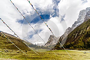 Tibetan Prayer Flags in mountain landscape of China