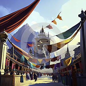 Tibetan prayer flags in the streets of Tibet. China Generative AI