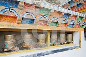 Tibetan Prayer wheel at Rizong Monastery Rizong Gompa in Skurbuchan, Ladakh, Jammu and Kashmir, India.
