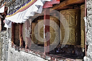 Tibetan prayer wheels in Palcho Monastery in Tibet.